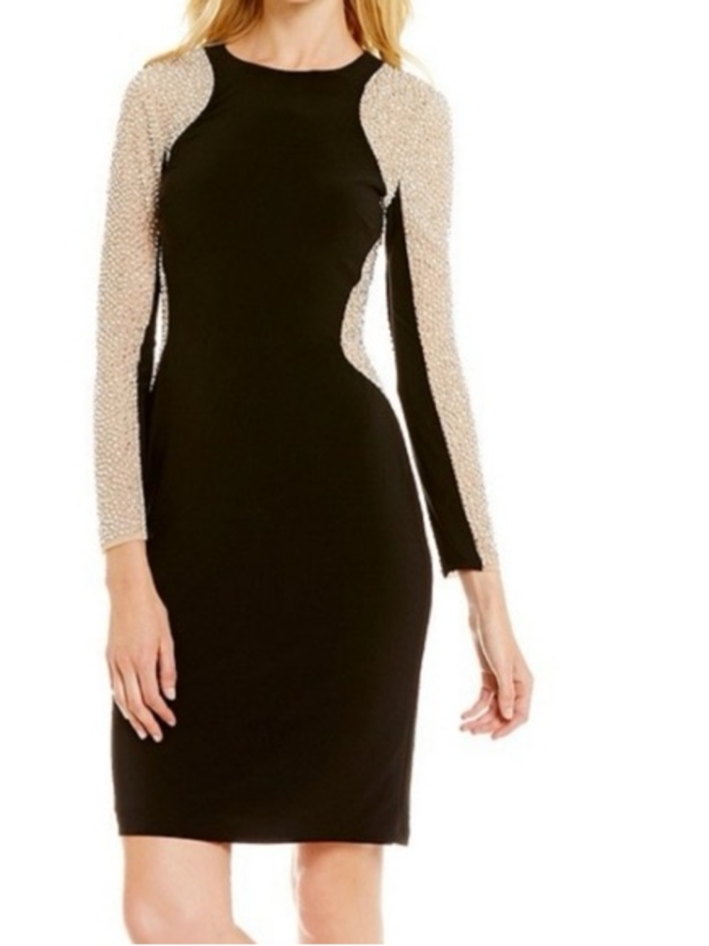 Xscape Black Mini Dress with Champagne Beaded Sleeves and Side Panels